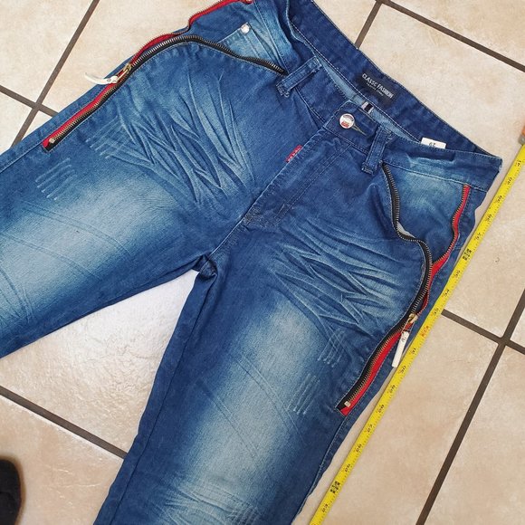 Red Zipper Accent Distressed Fade Blue Stretchy Denim Skinny Jeans - Picture 2 of 10